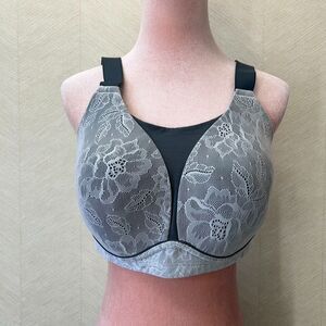 Cacique Floral Lace Medium Impact No Wire Gray Sports Bra Womens Size 34F